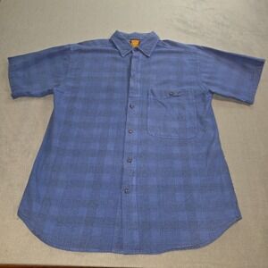 Vintage Shah Safari Shirt Mens Medium Blue Check Short Sleeve Button Up